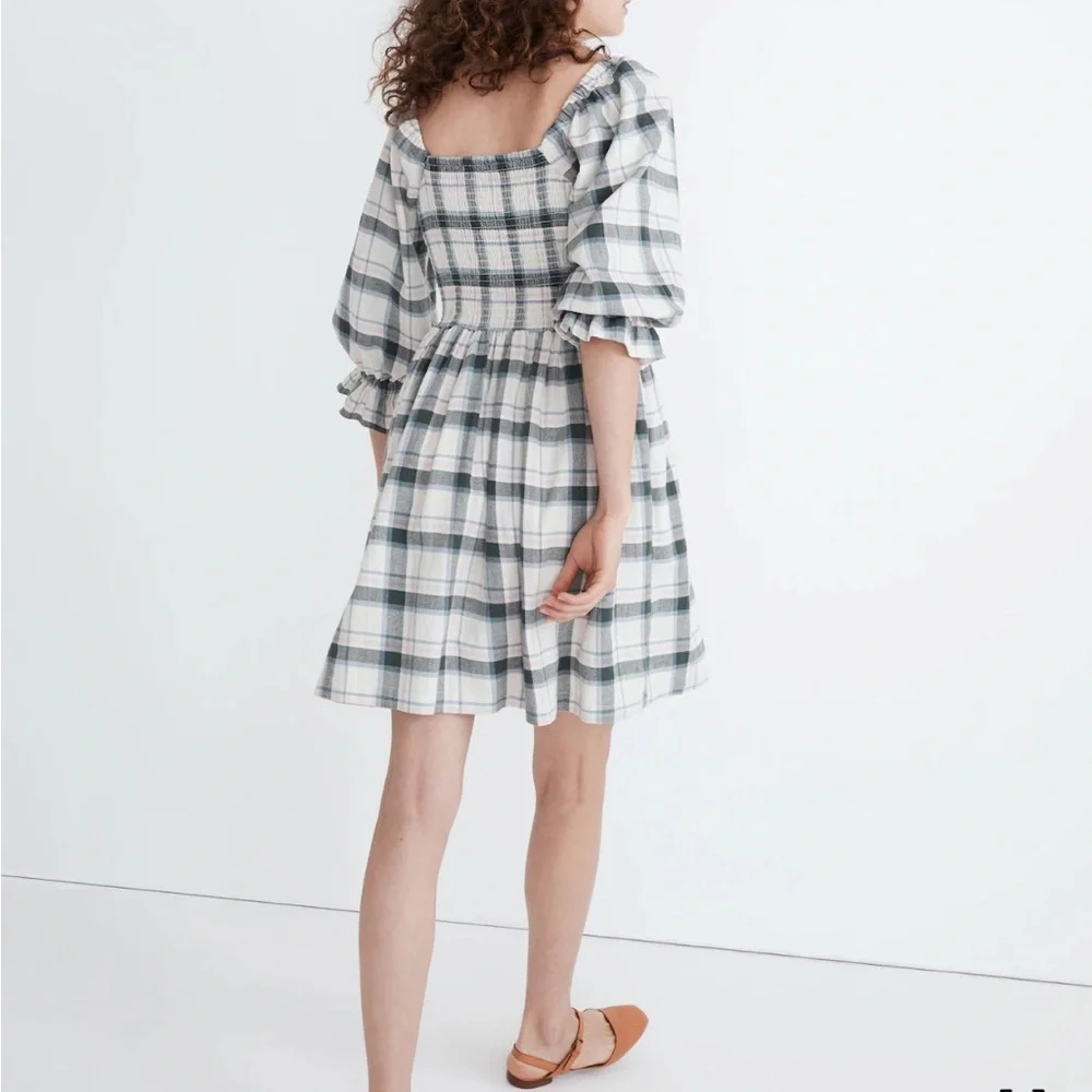 Madewell Women’s Lucie Elbow-Sleeve Smocked Mini Dress in Lebaum Plaid Small S - Picture 3 of 11